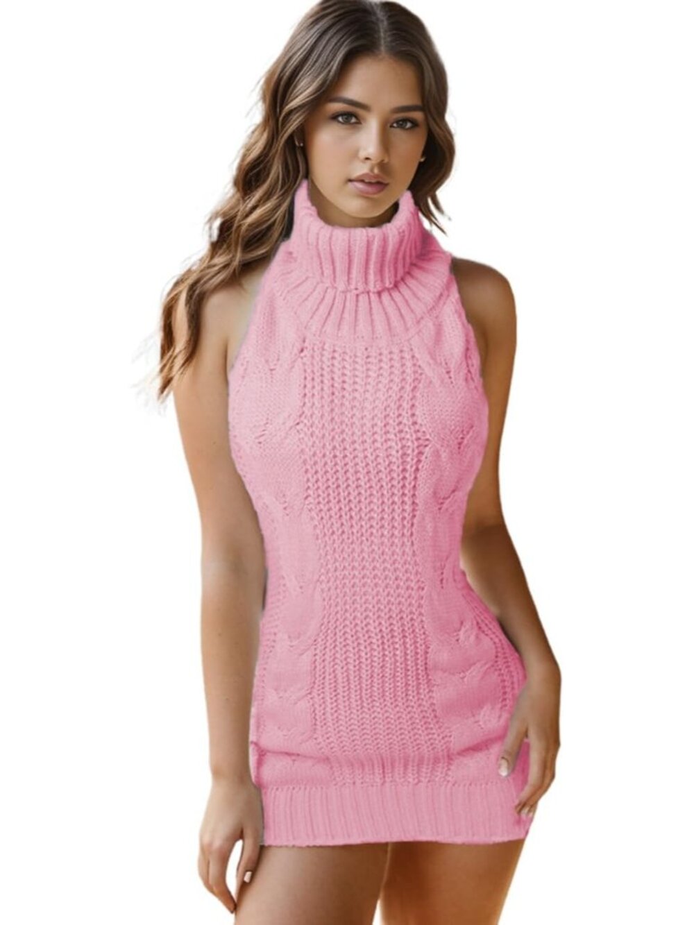 Women's Pink Backless TurtleNeck Cosplay Virgin Killer Knit Tank Top